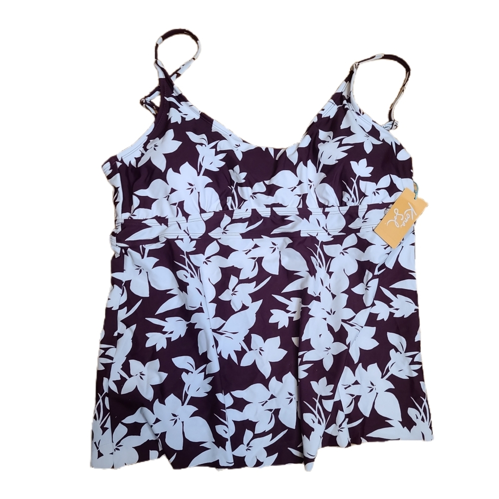 Kona Sol women's burgundy white floral tankini swimsuit top AG898
